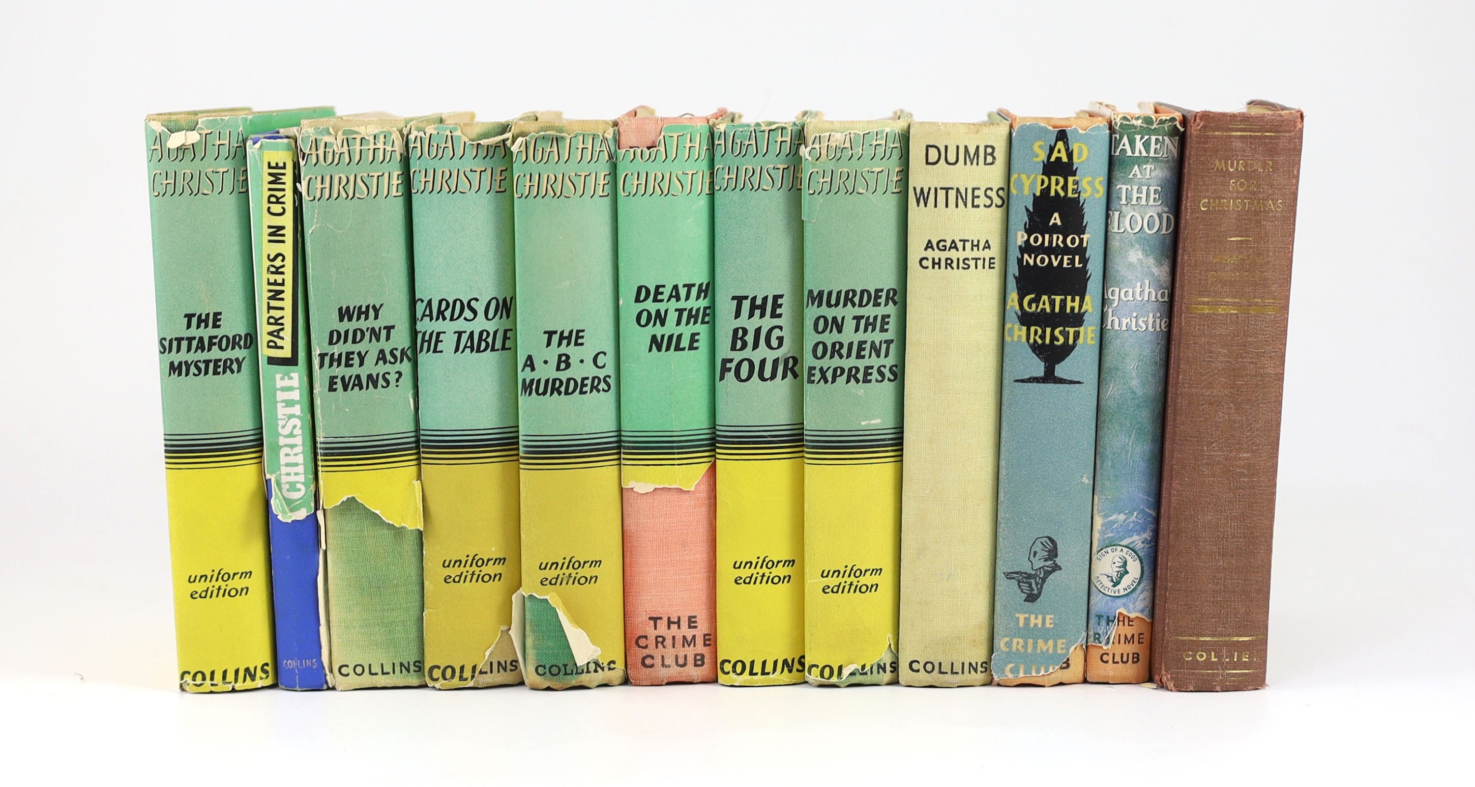 Christie, Agatha - 12 works - Partners in Crime, with torn d/j, with loss to spine and lower rear panel, nd, [1929], Death on the Nile, 2nd impression, in unclipped d/j, with loss to lower spine, 1938; Cards on the Table